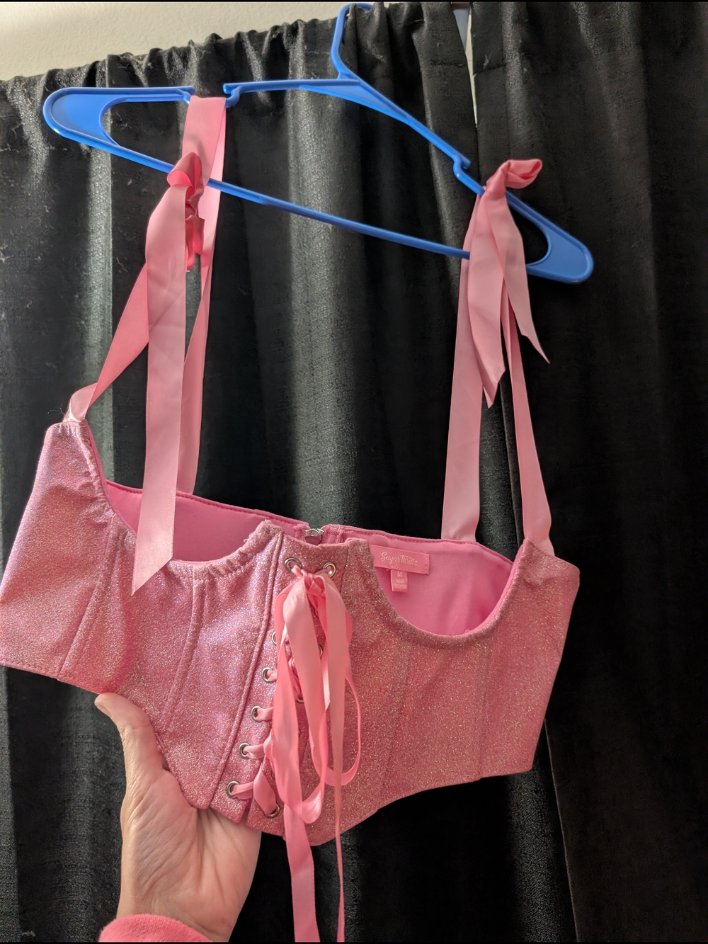 Sugar Thrillz Pink Glitter Lace-Up Crop Top